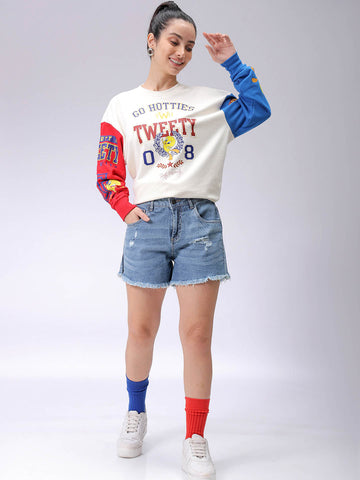 Women's White Oversized Looney Tunes Sweatshirt