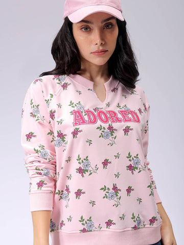 Women's Pink Oversized Ditsy Printed Sweatshirt