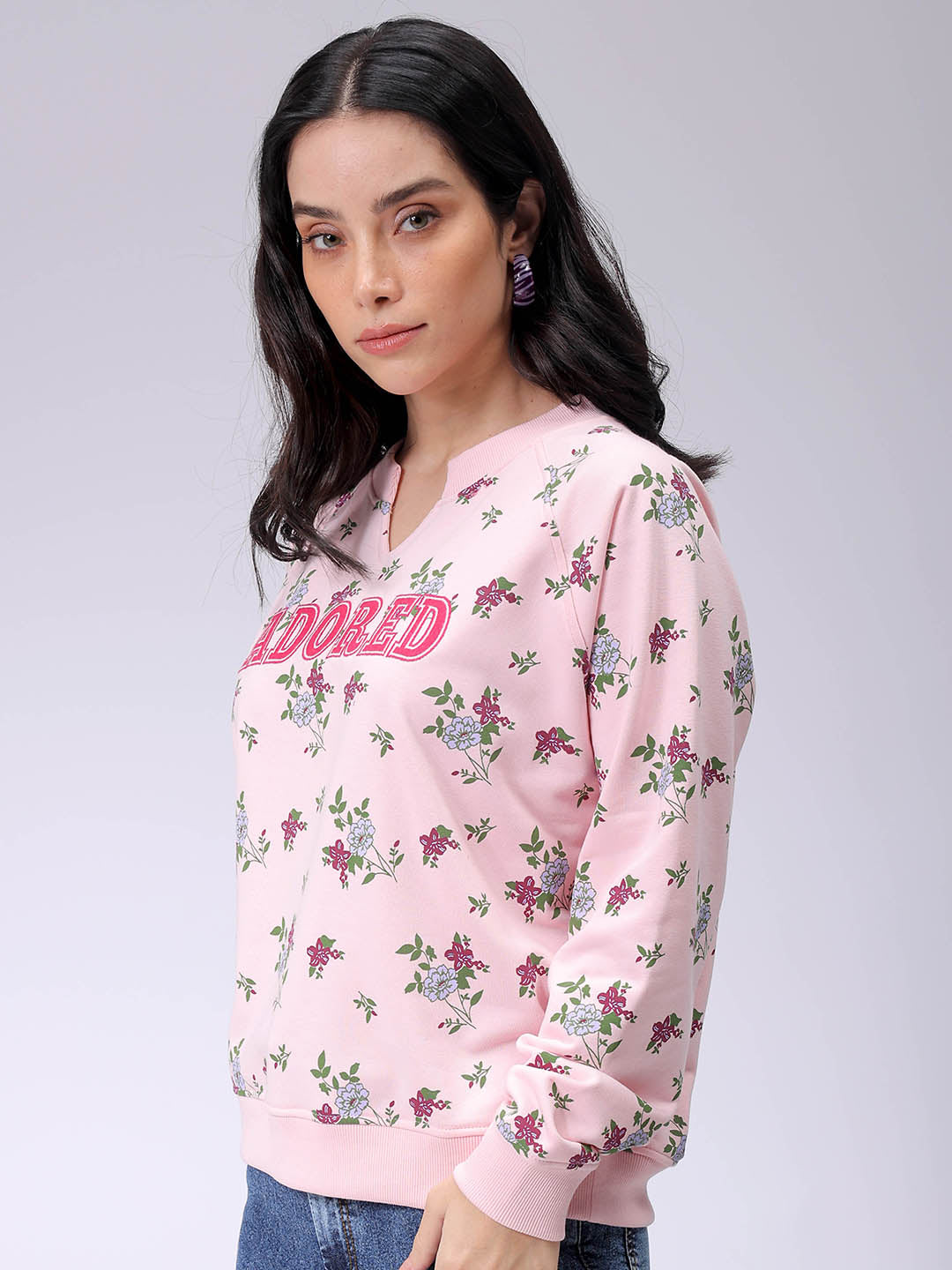 Women's Pink Oversized Ditsy Printed Sweatshirt