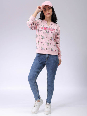 Women's Pink Oversized Ditsy Printed Sweatshirt