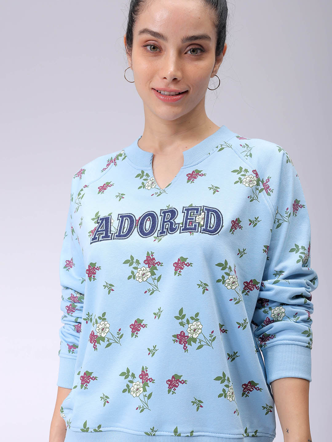 Women's Blue Oversized Ditsy Printed Sweatshirt