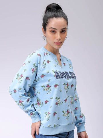 Women's Blue Oversized Ditsy Printed Sweatshirt