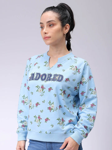 Women's Blue Oversized Ditsy Printed Sweatshirt