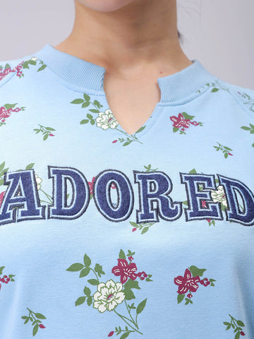 Women's Blue Oversized Ditsy Printed Sweatshirt