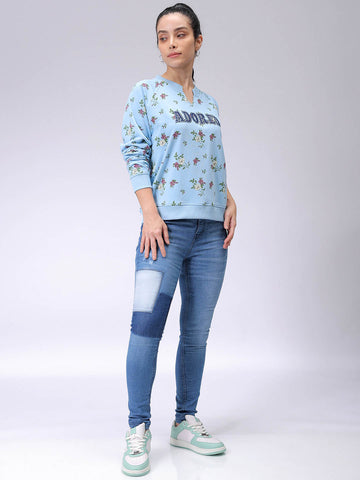 Women's Blue Oversized Ditsy Printed Sweatshirt