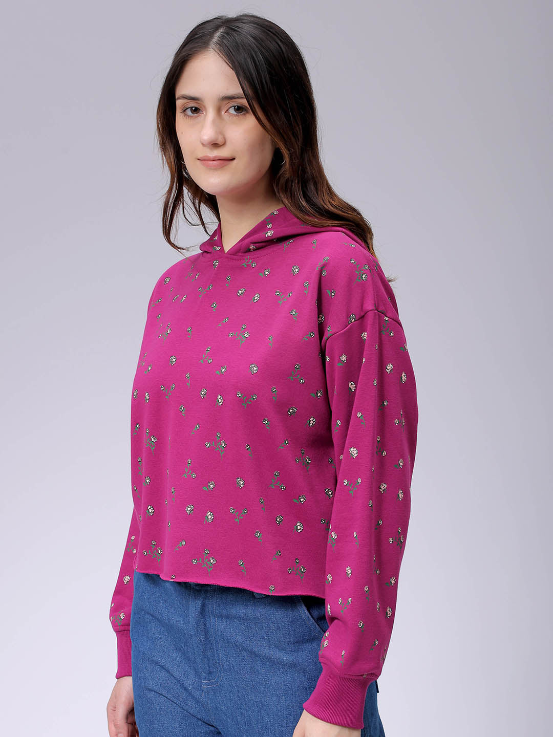 Women's Purple Relaxed Fit Ditsy Hooded Sweatshirt