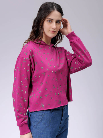 Women's Purple Relaxed Fit Ditsy Hooded Sweatshirt