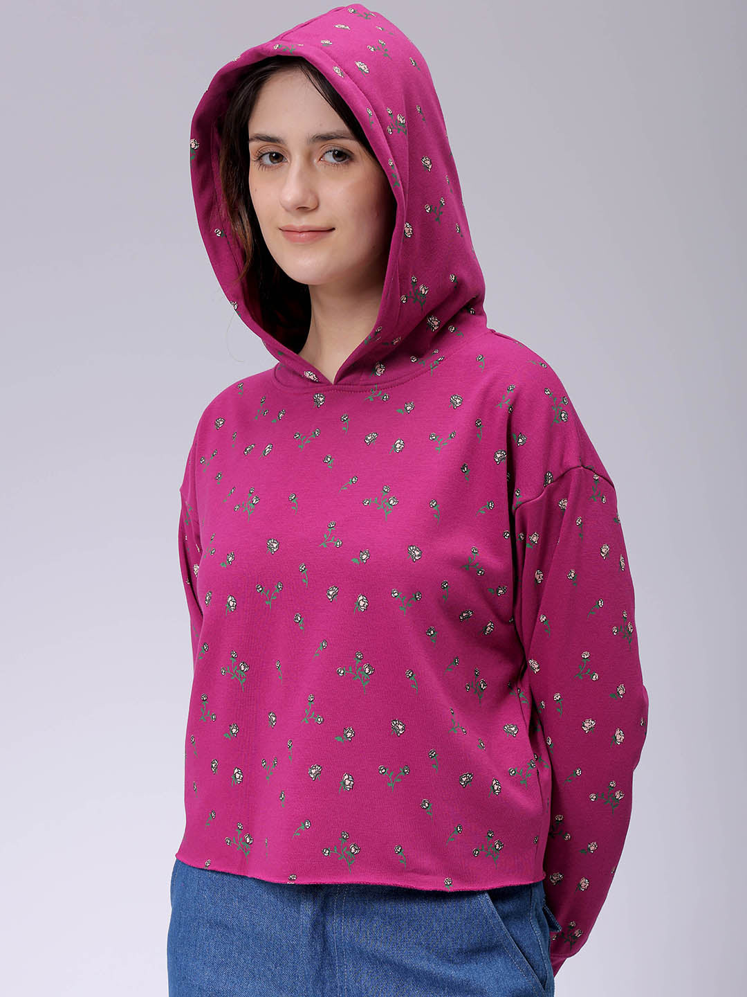 Women's Purple Relaxed Fit Ditsy Hooded Sweatshirt
