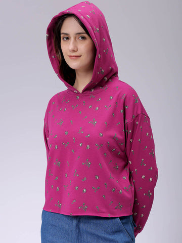 Women's Purple Relaxed Fit Ditsy Hooded Sweatshirt