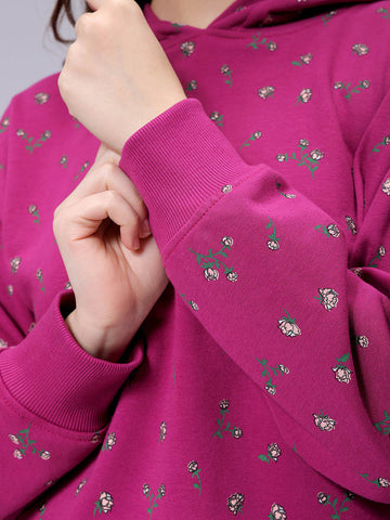 Women's Purple Relaxed Fit Ditsy Hooded Sweatshirt