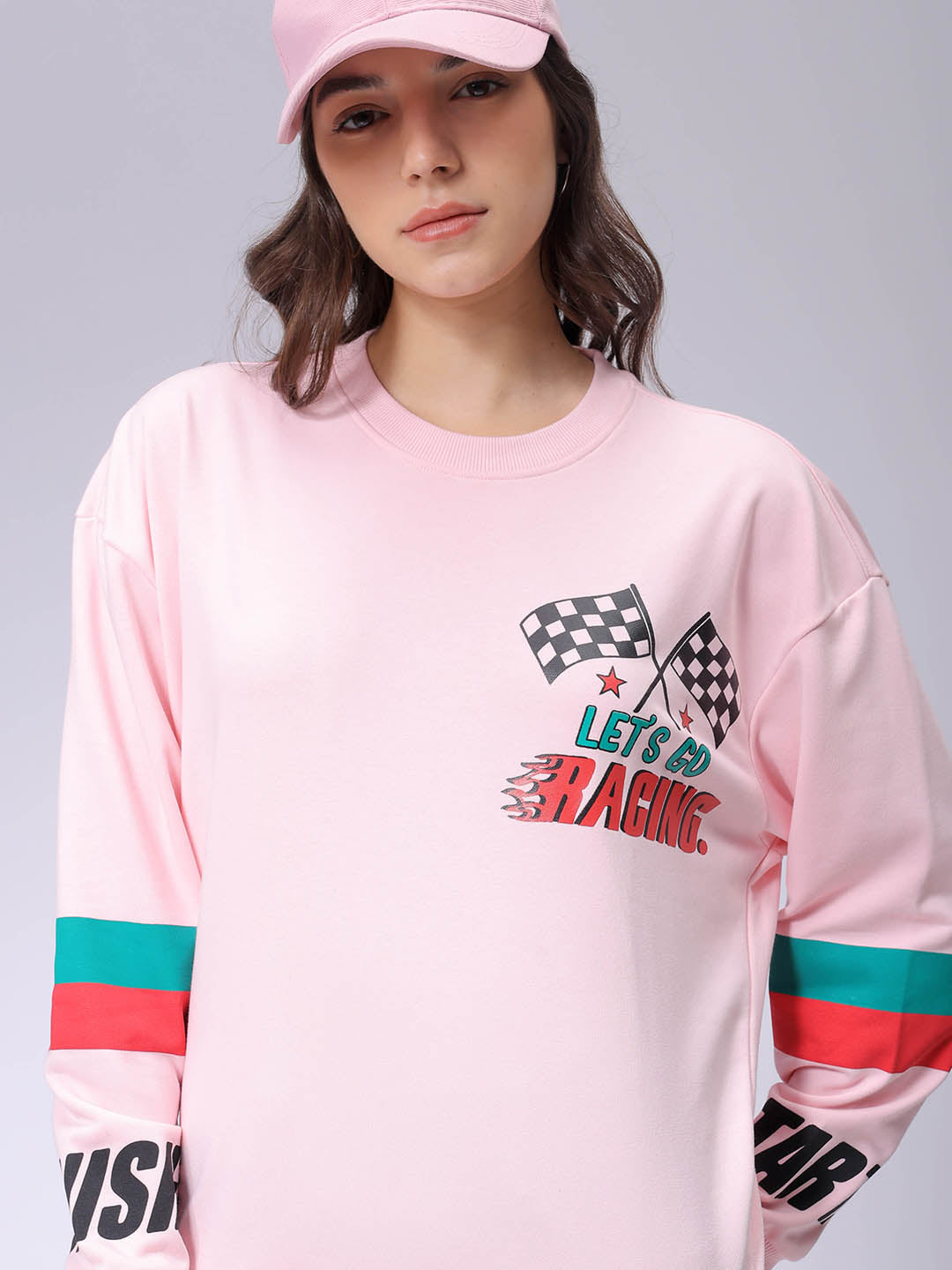Women's Pink Boxy Fit Racing Oversized Sweatshirt
