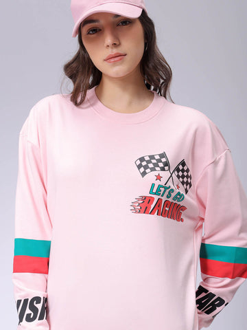 Women's Pink Boxy Fit Racing Oversized Sweatshirt