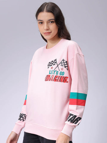 Women's Pink Boxy Fit Racing Oversized Sweatshirt