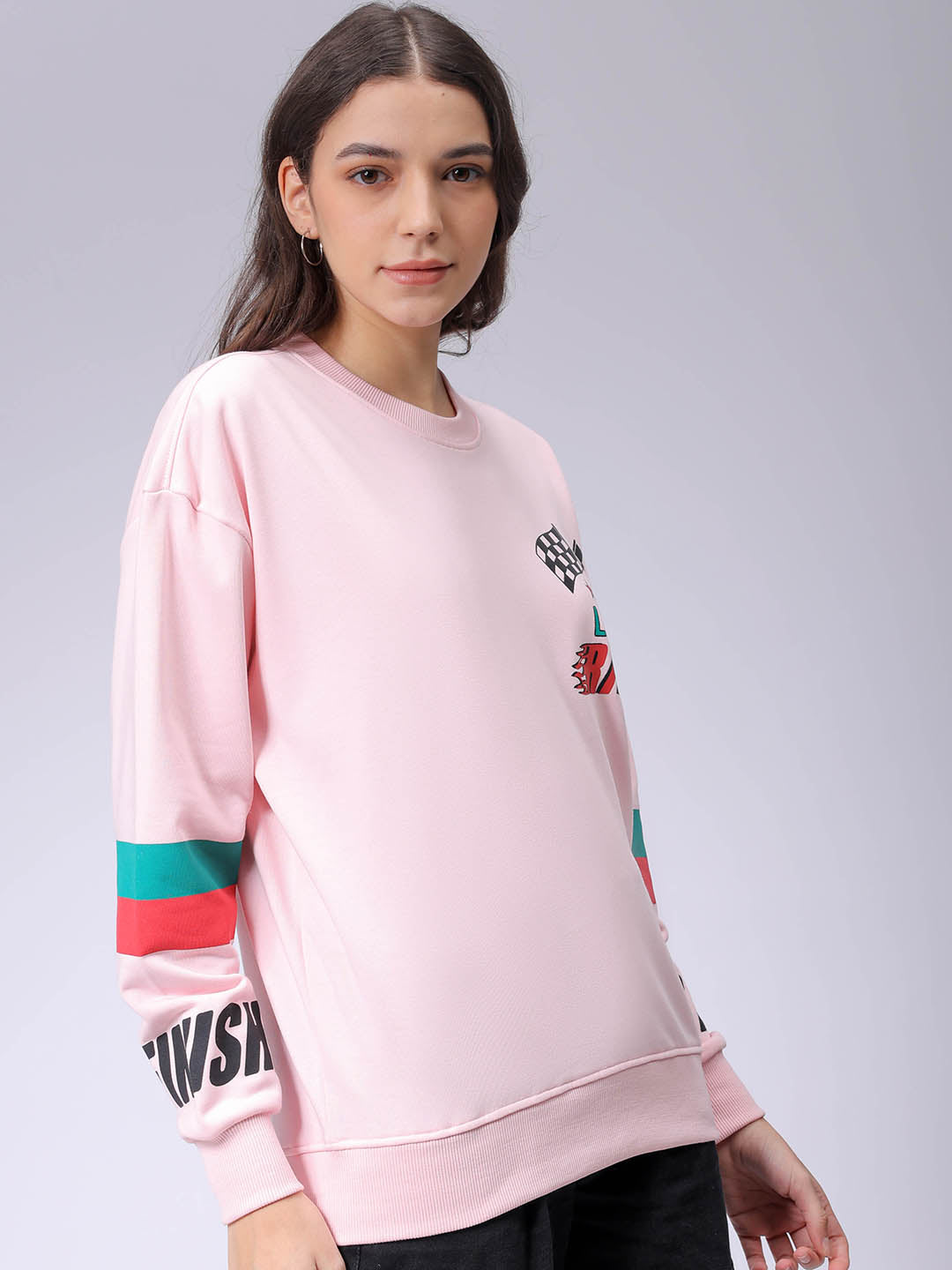 Women's Pink Boxy Fit Racing Oversized Sweatshirt