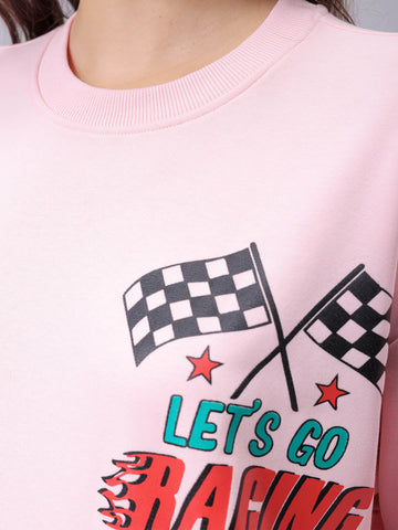 Women's Pink Boxy Fit Racing Oversized Sweatshirt