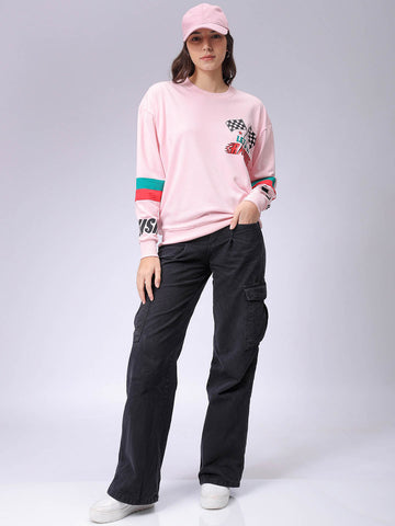 Women's Pink Boxy Fit Racing Oversized Sweatshirt