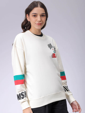 Women's White Boxy Fit Racing Oversized Sweatshirt