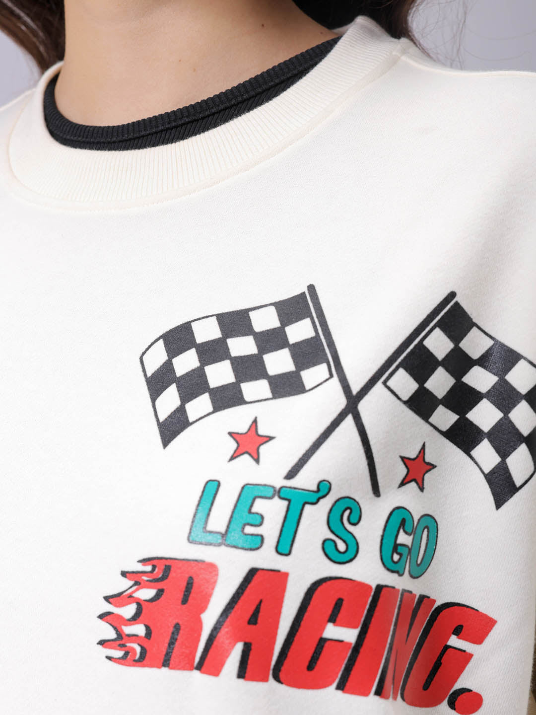 Women's White Boxy Fit Racing Oversized Sweatshirt