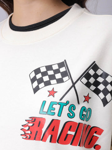 Women's White Boxy Fit Racing Oversized Sweatshirt