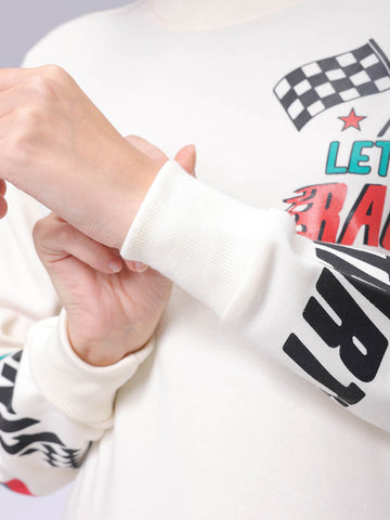 Women's White Boxy Fit Racing Oversized Sweatshirt