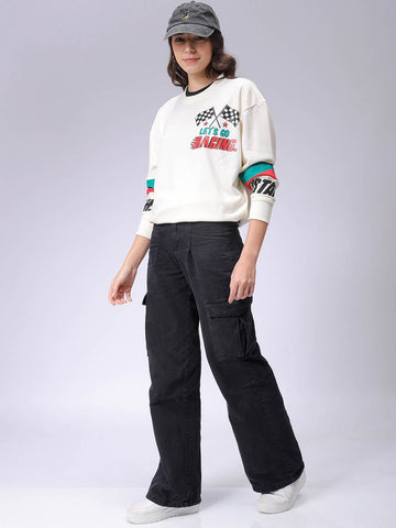 Women's White Boxy Fit Racing Oversized Sweatshirt