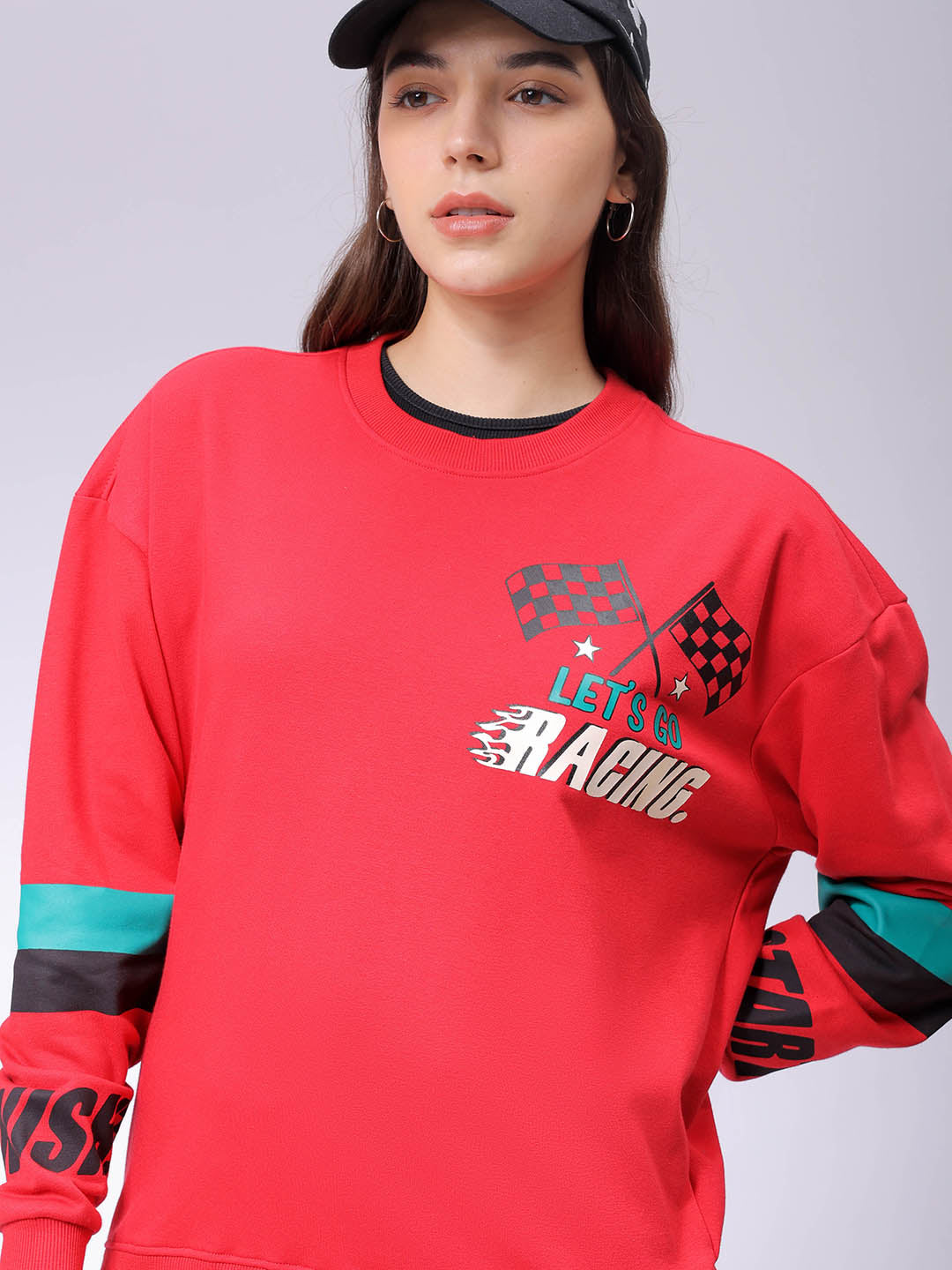 Women's Red Boxy Fit Racing Oversized Sweatshirt