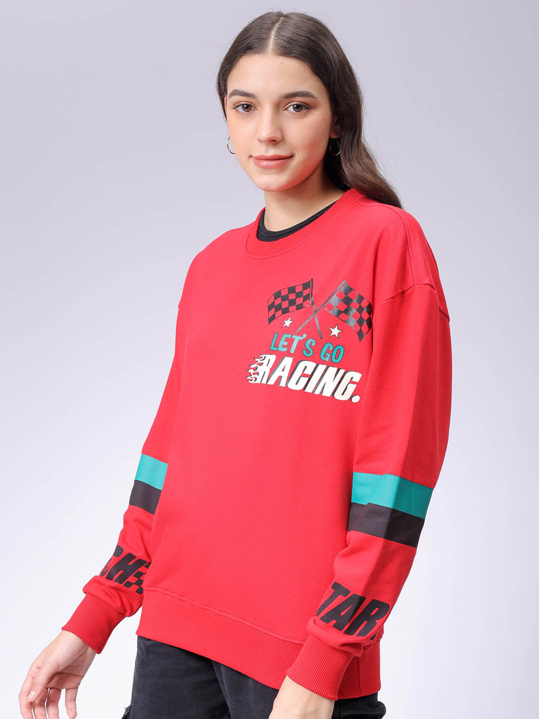 Women's Red Boxy Fit Racing Oversized Sweatshirt