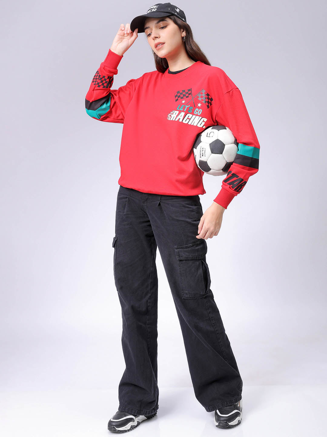 Women's Red Boxy Fit Racing Oversized Sweatshirt