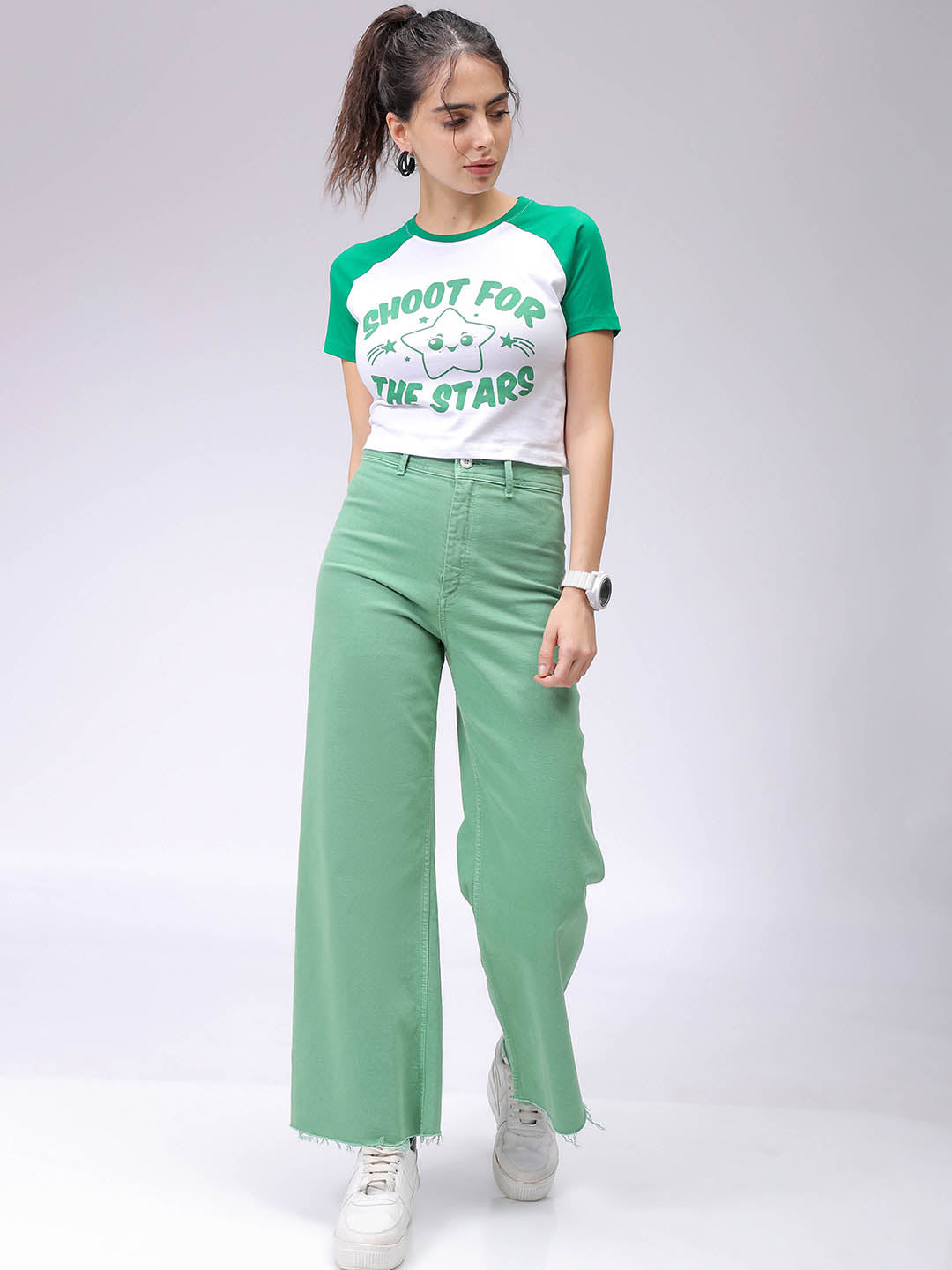 Women's White Slim Fit Graphic Baseball T-Shirt