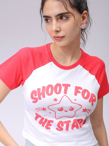 Women's White Slim Fit Typographic Baseball T-Shirt