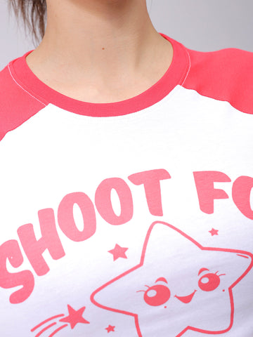 Women's White Slim Fit Typographic Baseball T-Shirt