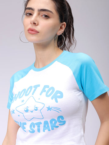 Women's White Slim Fit Graphic Baseball T-Shirt