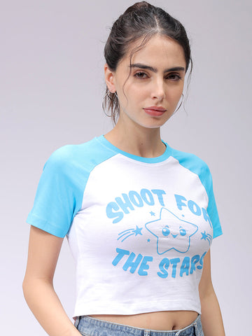 Women's White Slim Fit Graphic Baseball T-Shirt