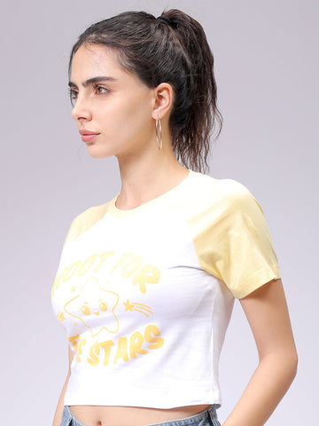 Women's White Slim Fit Graphic Baseball T-Shirt