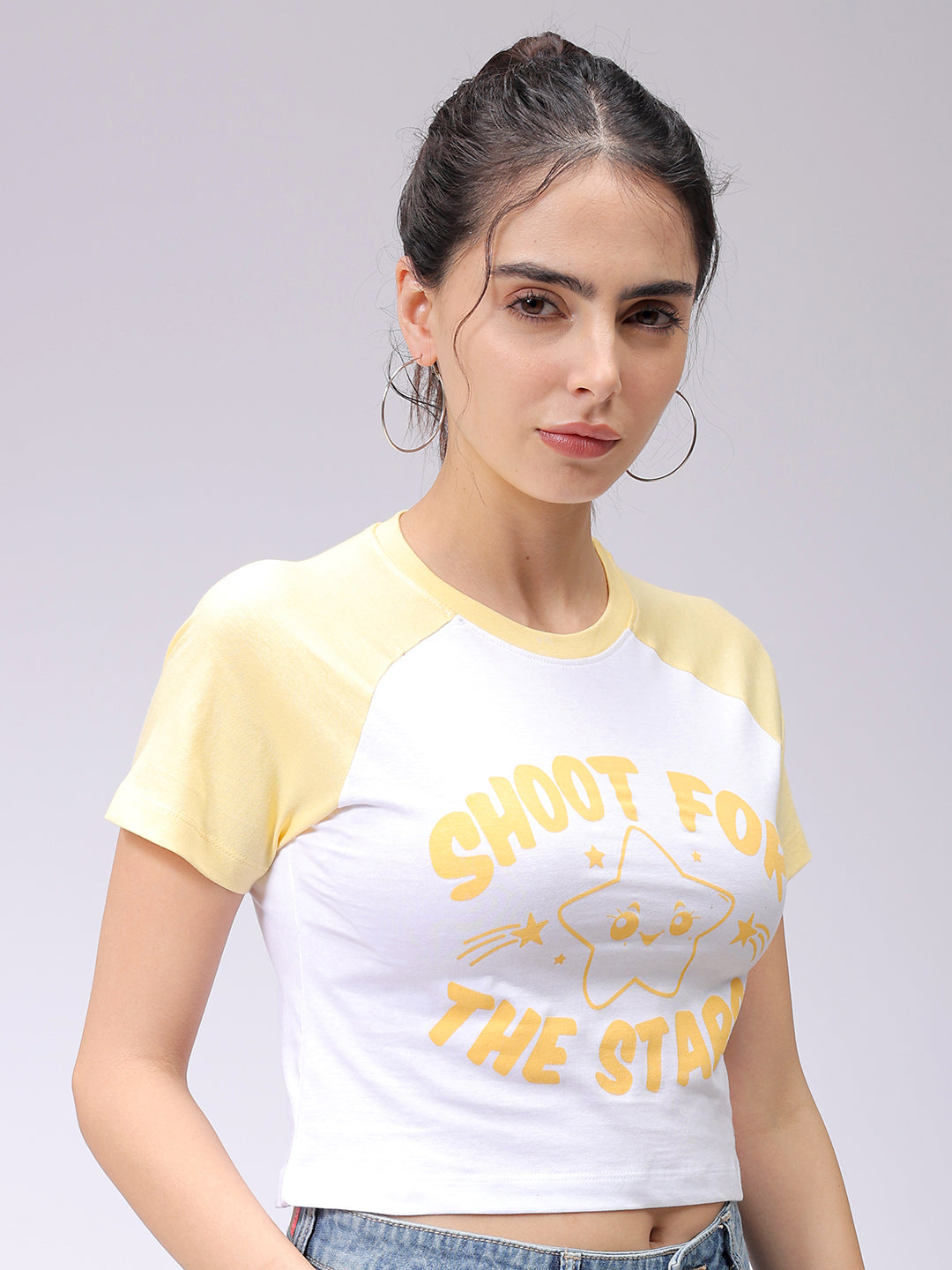 Women's White Slim Fit Graphic Baseball T-Shirt