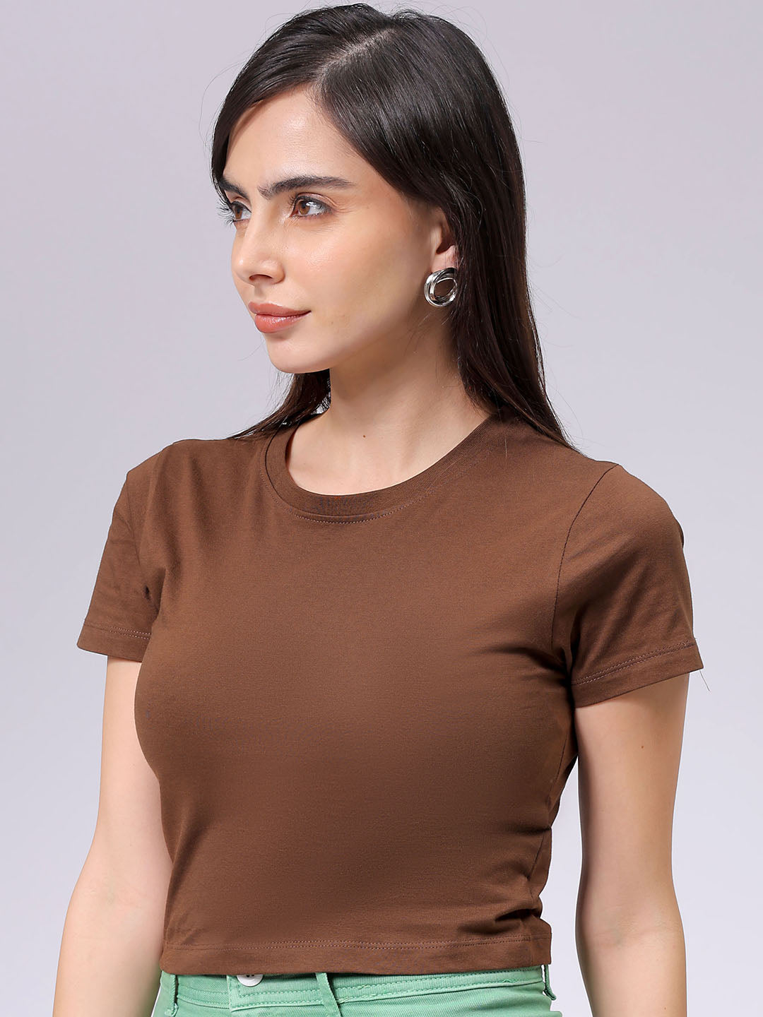 Women's Slim Fit Solid Cropped Crew Neck Tshirt