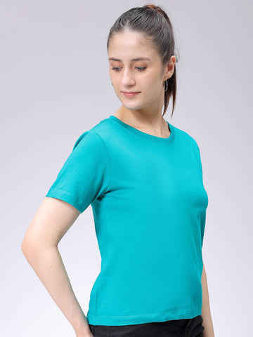 Women's Teal Regular Fit Solid T-Shirt