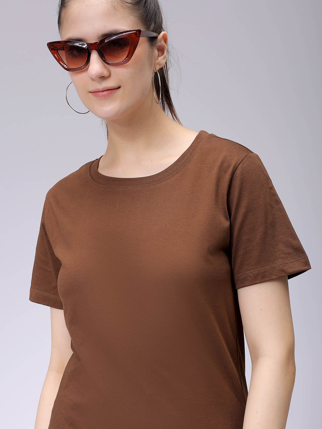 Women's Brown Regular Fit Solid T-Shirt