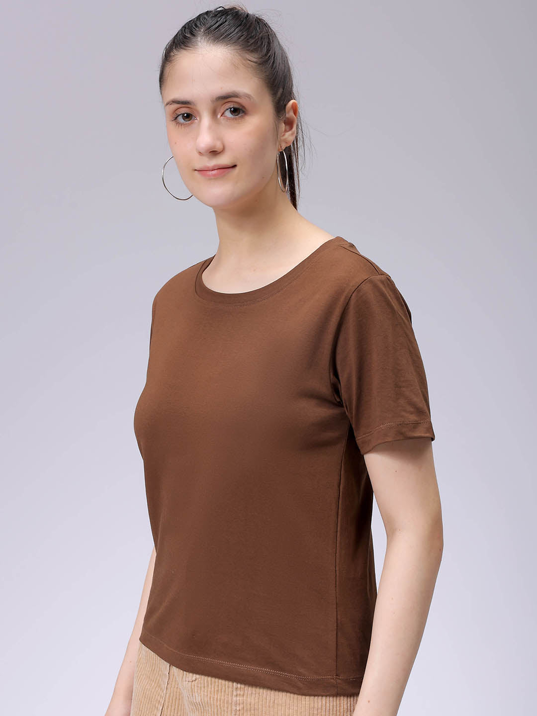 Women's Brown Regular Fit Solid T-Shirt
