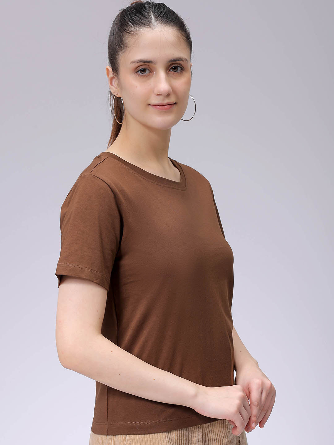 Women's Brown Regular Fit Solid T-Shirt