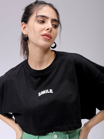 Women's Black Boxy Solid Cropped T-Shirt