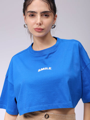 Women's Blue Boxy Solid Cropped T-Shirt