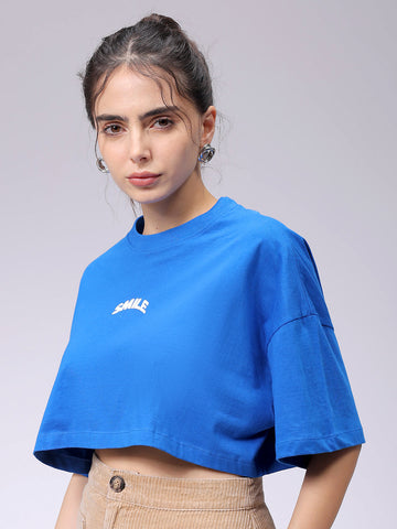 Women's Blue Boxy Solid Cropped T-Shirt