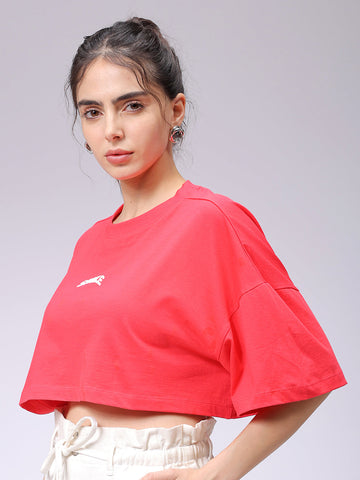 Women's Red Boxy Solid Cropped T-Shirt