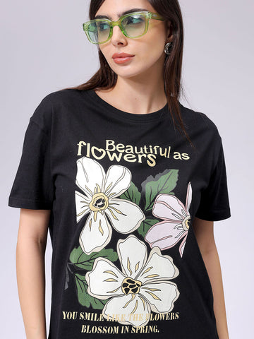 Women's Black Relaxed Fit Solid T-Shirt