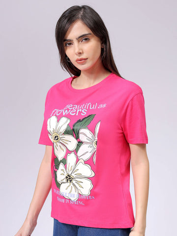 Women's Pink Relaxed Fit Solid T-Shirt