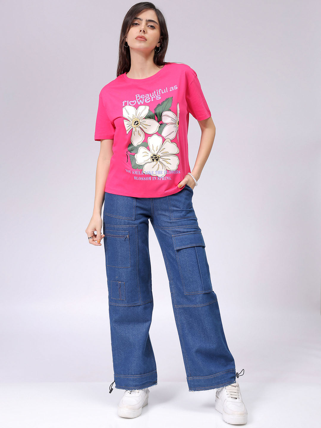 Women's Pink Relaxed Fit Solid T-Shirt