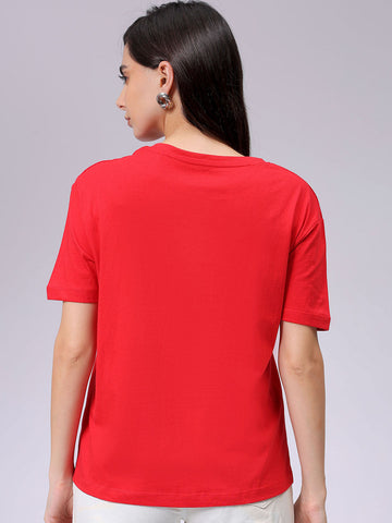 Women's Red Relaxed Fit Solid T-Shirt