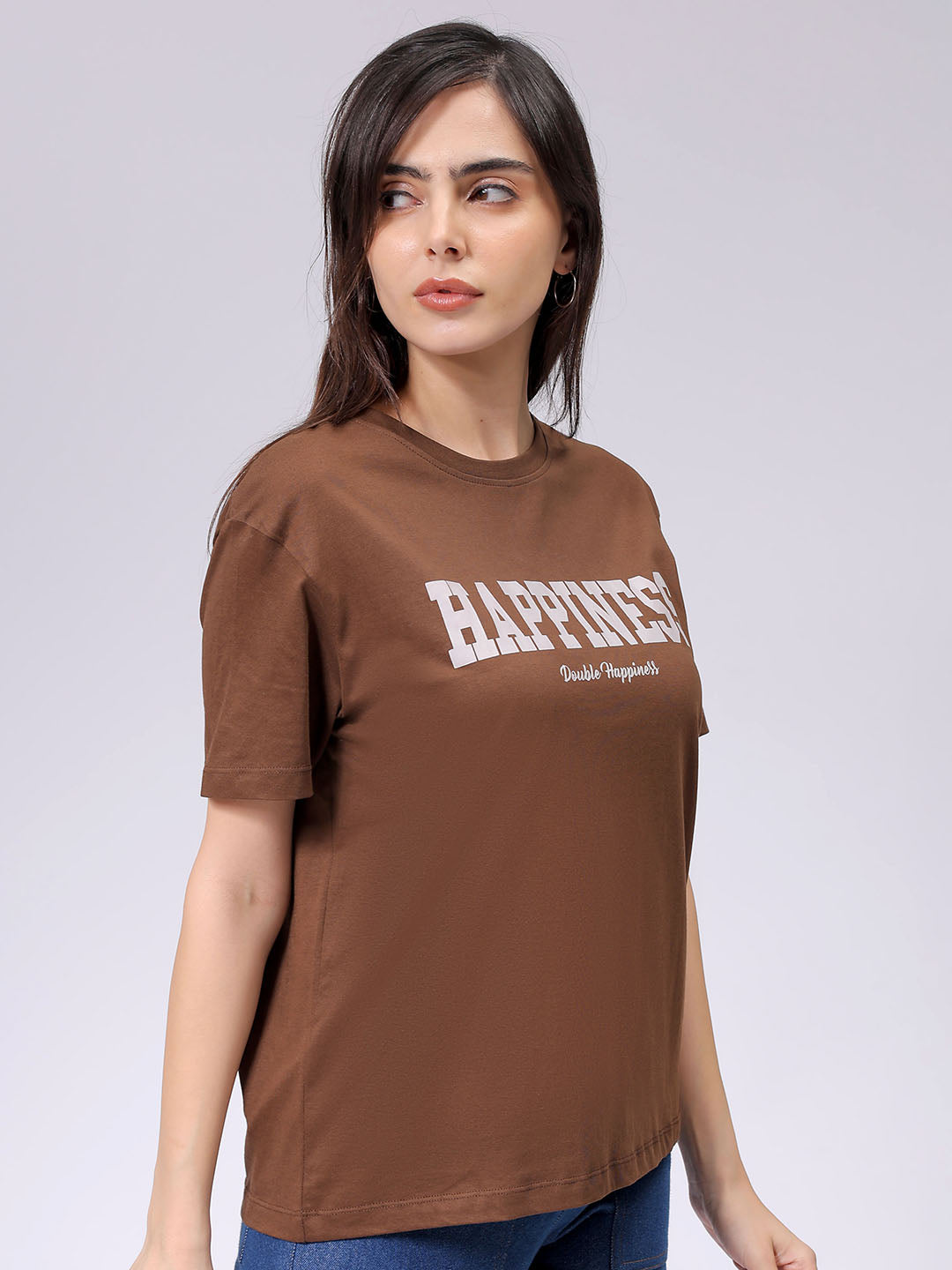Women's Brown Relaxed Fit Solid T-Shirt