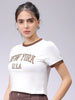Women's White Slim Fit Typographic Cropped T-Shirt
